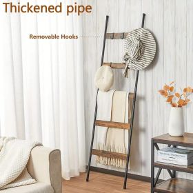10-Tier Wooden Blanket Ladder with 5 Removable Hooks, Farmhouse Wall-Mounted Quilt Rack & Freestanding Towel Storage Shelf for Living Room and Bathro