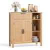 Natural Rattan Buffet Sideboard, Pull-Out Drawer & 3 Open Shelves, 3-Position Adjustable Cabinet Shelf