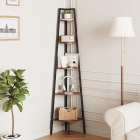 5-Tier Corner Bookshelf with Metal Frame Wood Ladder Shelves - Display Shelf Tall Bookcase, Plant Stand for Home Decor - Bedroom, Living Room, Office