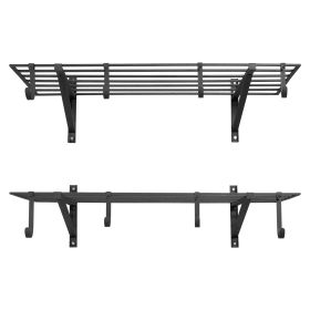 2-Tier Heavy Duty Wall Garage Shelving, 2 x 4 ft Steel Wall Mounted Shelving Unit with Hooks, 24 x 48 Inch Per Shelf Floating Storage Metal Rack for