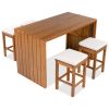 5 Piece Outdoor Bar Set, Patio Acacia Wood Bar Height Table & Four Stools with Cushions, Wood Dining Bar Set for Backyard, Poolside, Balcony, Beige C