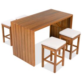 5 Piece Outdoor Bar Set, Patio Acacia Wood Bar Height Table & Four Stools with Cushions, Wood Dining Bar Set for Backyard, Poolside, Balcony, Beige C