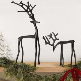 Christmas Decorations - Set of 2 Black Reindeer Statues - Modern Aluminum Alloy Xmas Figurines - Elegant Indoor Holiday Decor - Table Centerpieces -