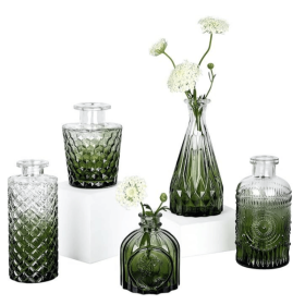 Glass Bud Vase Set of 5, Small Green Flower Vases for Centerpieces in Bulk, Mini Vintage Vase for Wedding Decor, Single Flowers, and Home Table Décor
