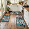 Turquoise Teal Kitchen Rugs Sets of 3, Non Slip Washable Farmhouse Kitchen Mats for Floor, Wooden Vintage Rustic Area Runner Rug for Laundry Room and