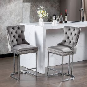 26" Counter Height Bar Stools Set of 2, Modern Velvet Barstools with Button Back&Rivet Trim Upholstered Kitchen Island Chairs with Sturdy Chromed Met
