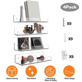 4 Pack 15In Clear Acrylic Floating Shelves Bookshelves with 2 Mounting Ways Wall Mounted Organizer for Kitchen Bathroom Study Living Room Bedroom Off