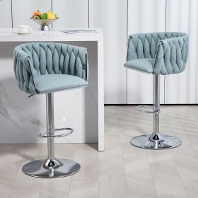 360° Fabric cover Swivel Bar Stools Set of 2, Adjustable Counter Height Bar Chairs with Woven Back & Footrest, Silver chromed Bar Stools for Kitchen