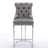 26" Counter Height Bar Stools Set of 2, Modern Velvet Barstools with Button Back&Rivet Trim Upholstered Kitchen Island Chairs with Sturdy Chromed Met