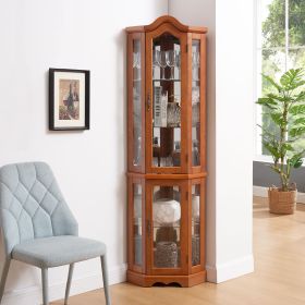 Curio Cabinet Lighted Glass Display Curio Cabinet w/Tempered Glass Doors and Shelves, Crown Corner Cabinet with Bulb, Corner Storage Decoration for L (Color: Oak, Material: MDF)