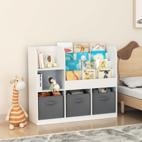 Kids Bookcase and Bookshelf, Multifunctional Bookcase with 3 Collapsible Fabric Drawers, Bookcase Display Stand, Toy Storage Organizer for Bedroom, P (Color: White+gray, Material: Fabric,MDF)